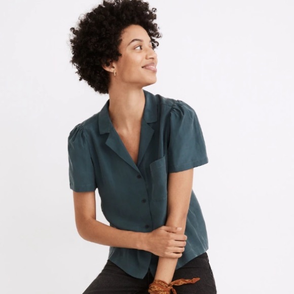 NWT Madewell Silk Puff-Sleeve Camp Shirt Midnight Green XS - Picture 1 of 10